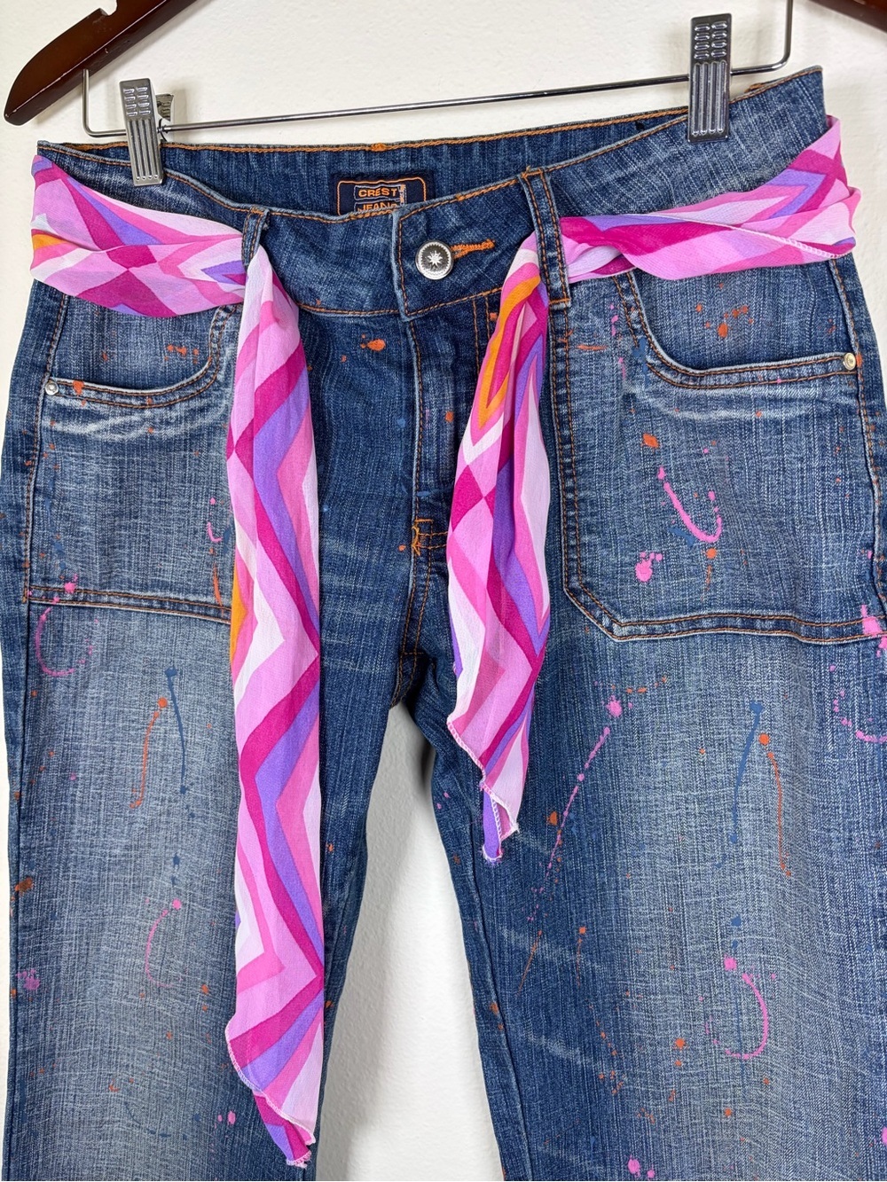 Crest Jeans Y2K Paint Splatter Flare Jeans Scarf Belt Size 11/12 - Picture 2 of 11